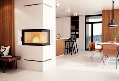 Biały Kominek z boczną szybą i ramką z białego kamienia + wkład EKO 14kw + montaż Kraków